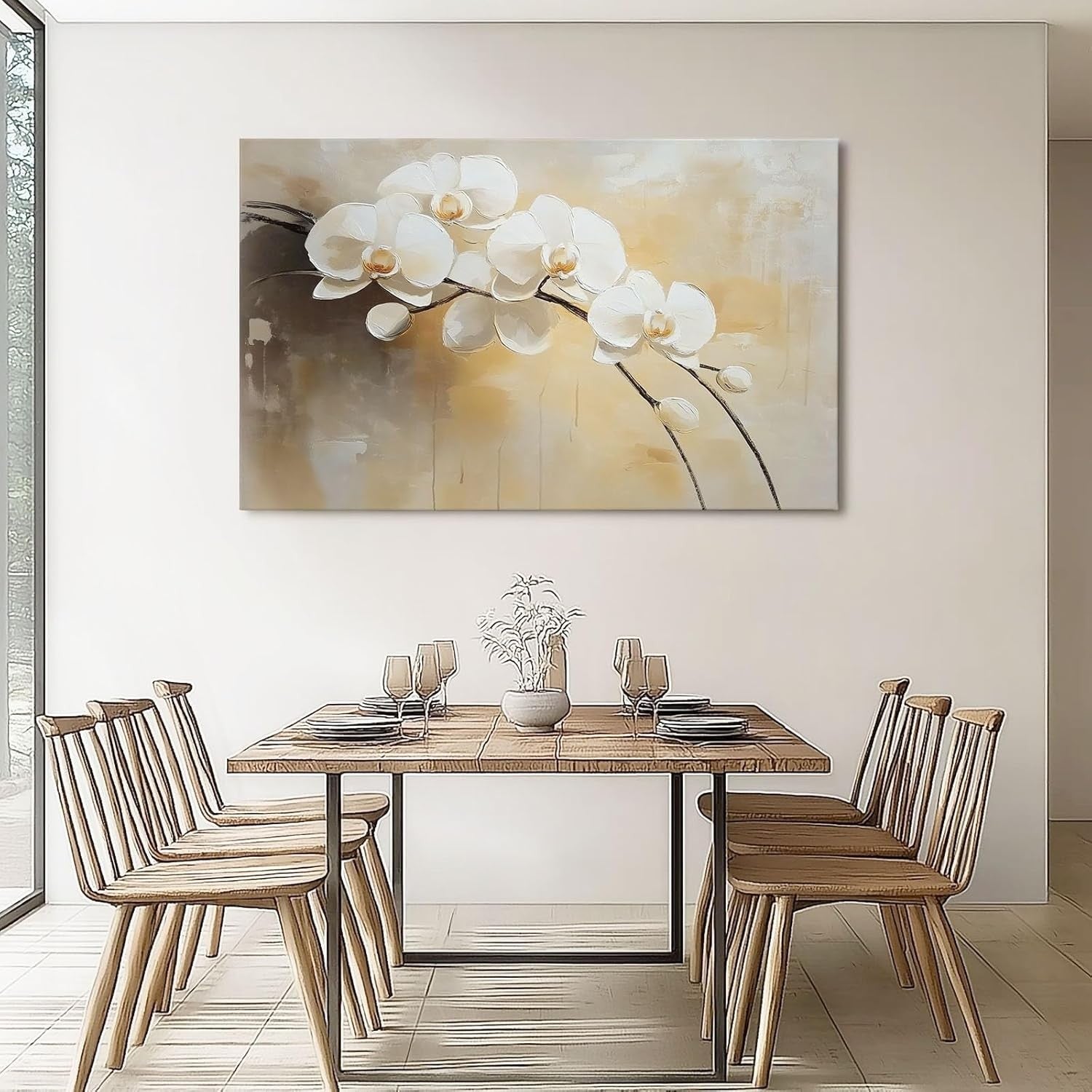 Large Orchid Canvas Wall Art 76x51cm Modern Beige Floral Decor