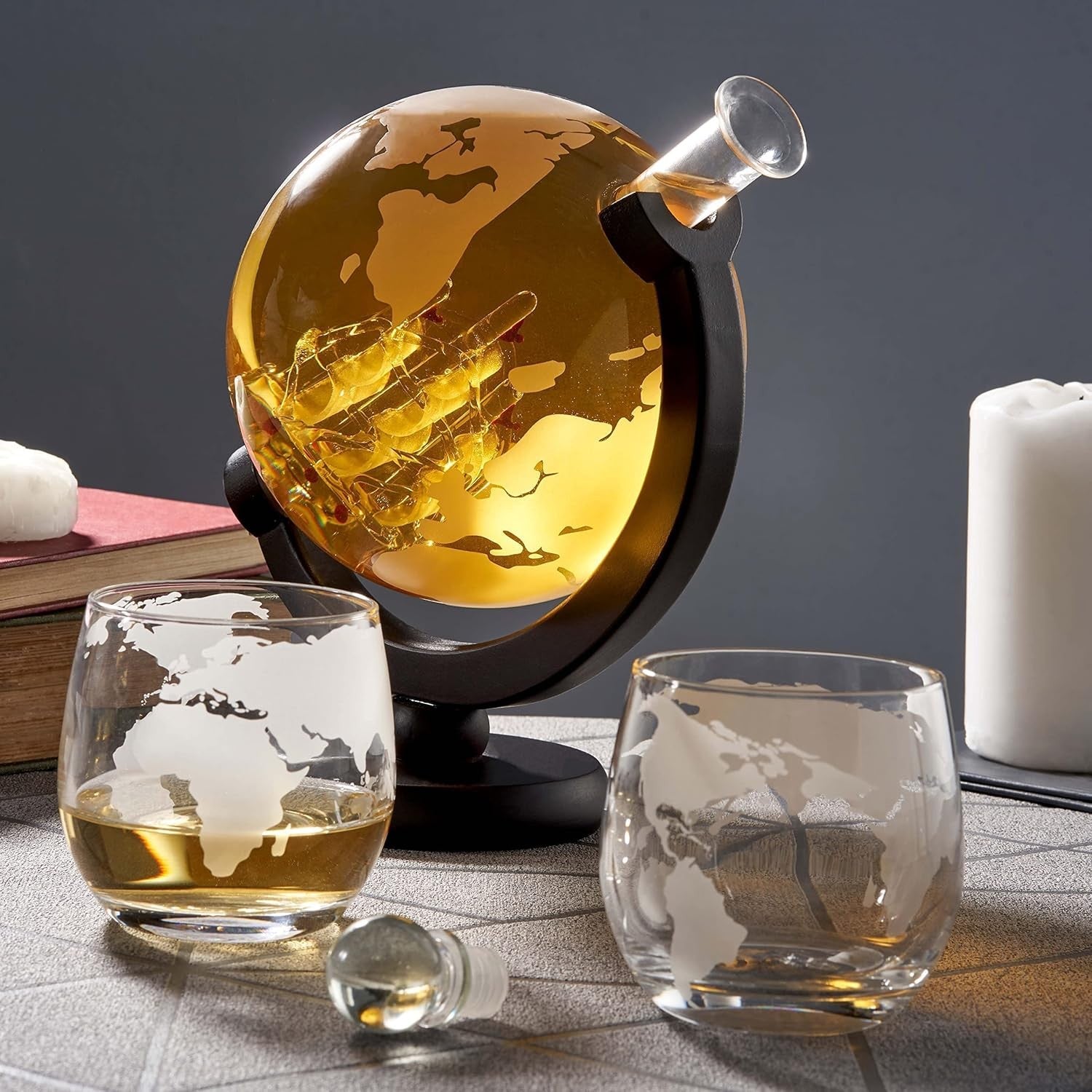 1500ml Globe Whiskey Decanter Set with Glasses Stand Stones Gift for Men