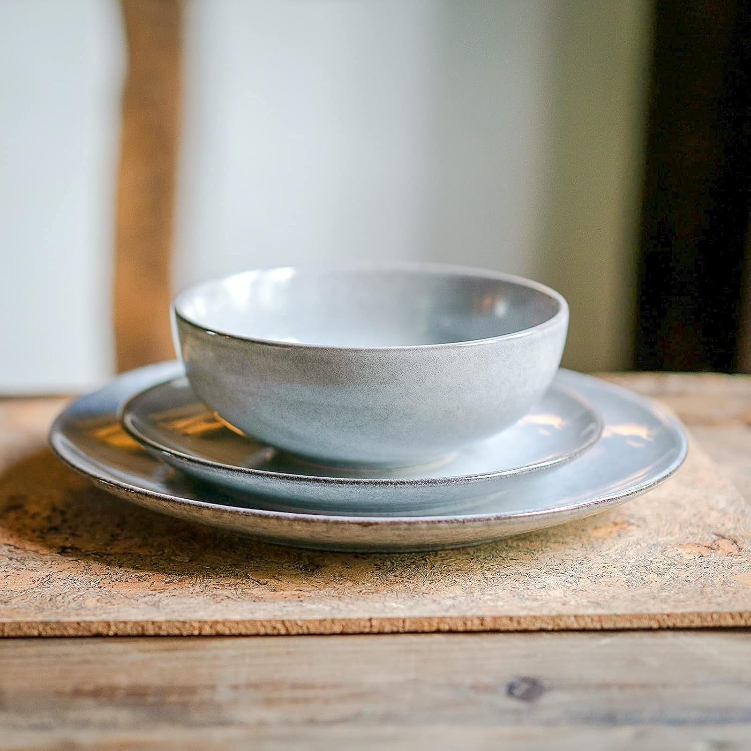 12pc Stoneware Dinner Set Grey Nordic Plates Bowls Microwave Dishwasher Safe