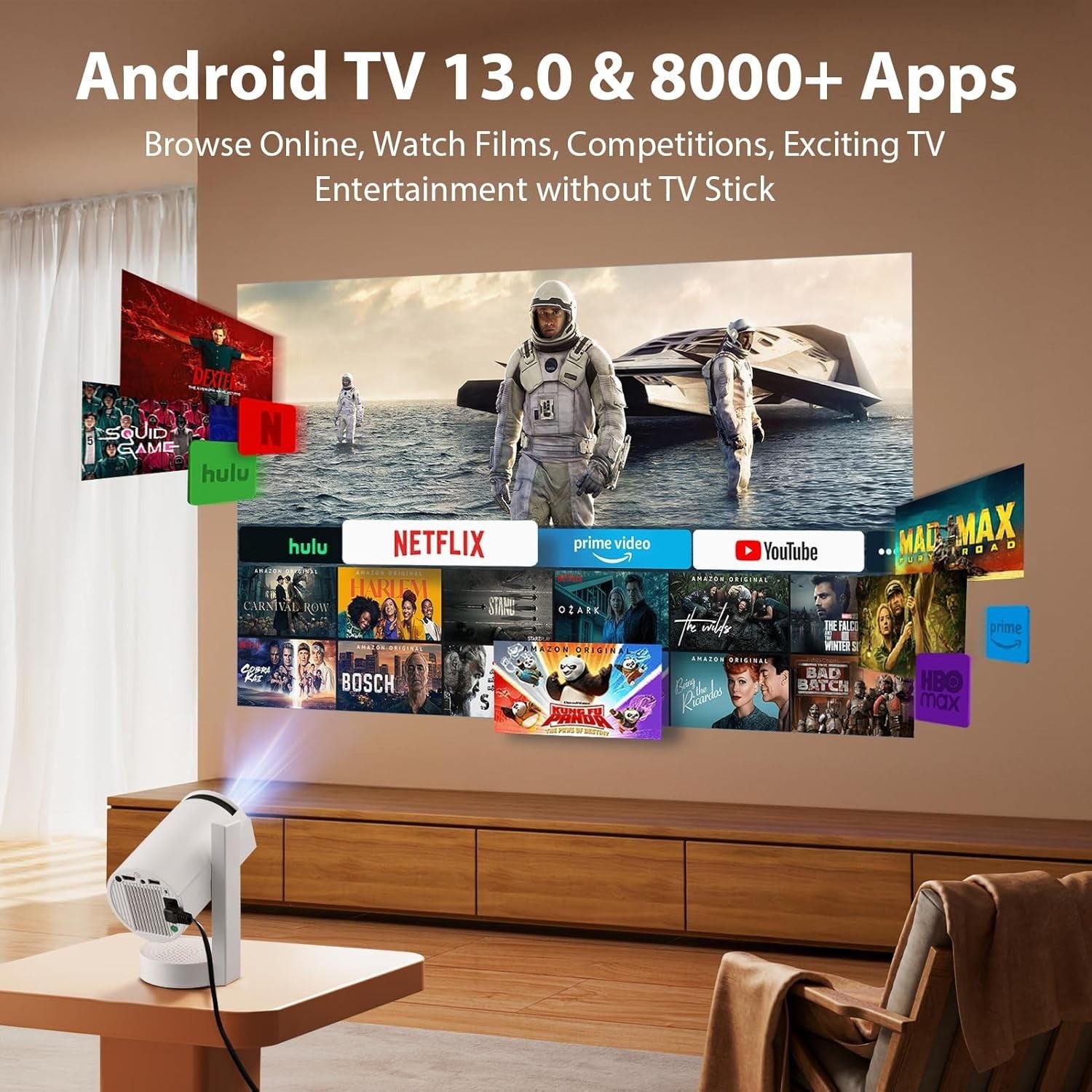 4K Smart Mini Projector Android 13 WiFi 6 Bluetooth 360° Portable