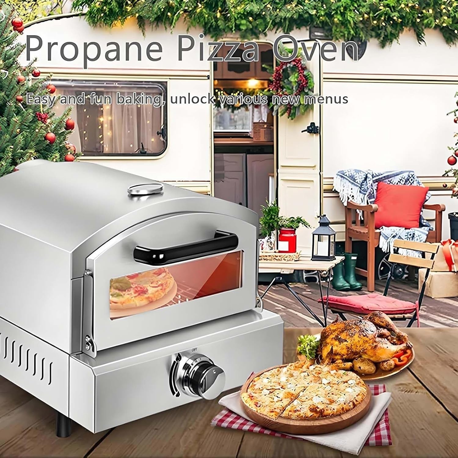 Stainless Steel Gas Pizza Oven | Outdoor BBQ Grill with Thermometer & Tray