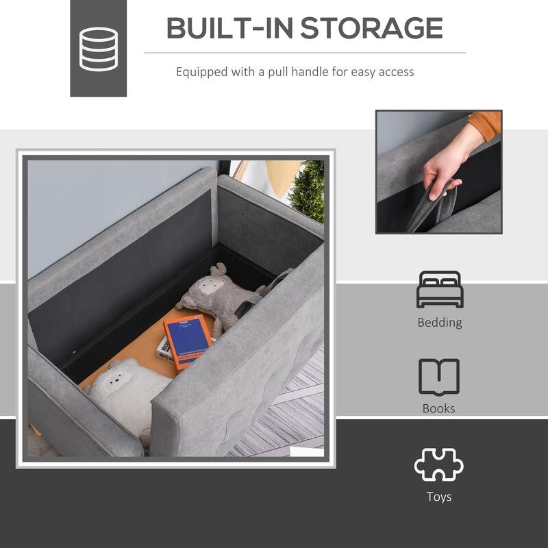2 Seater Grey Sofa with Storage, Compact Tufted Couch, Wood Legs, 117cm