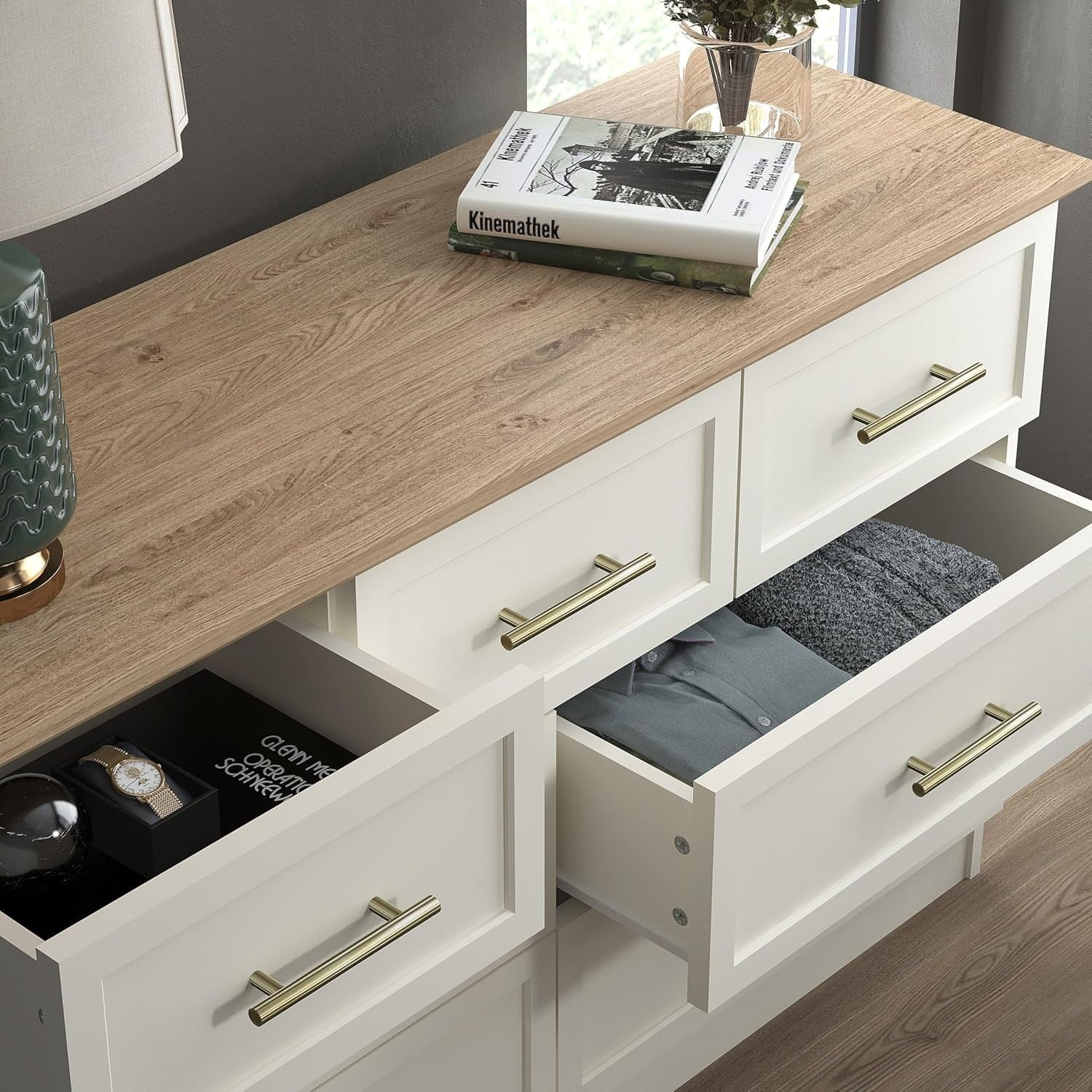 7-Drawer Storage Chest for Bedroom & Hallway – Modern Ivory & Oak Cabinet