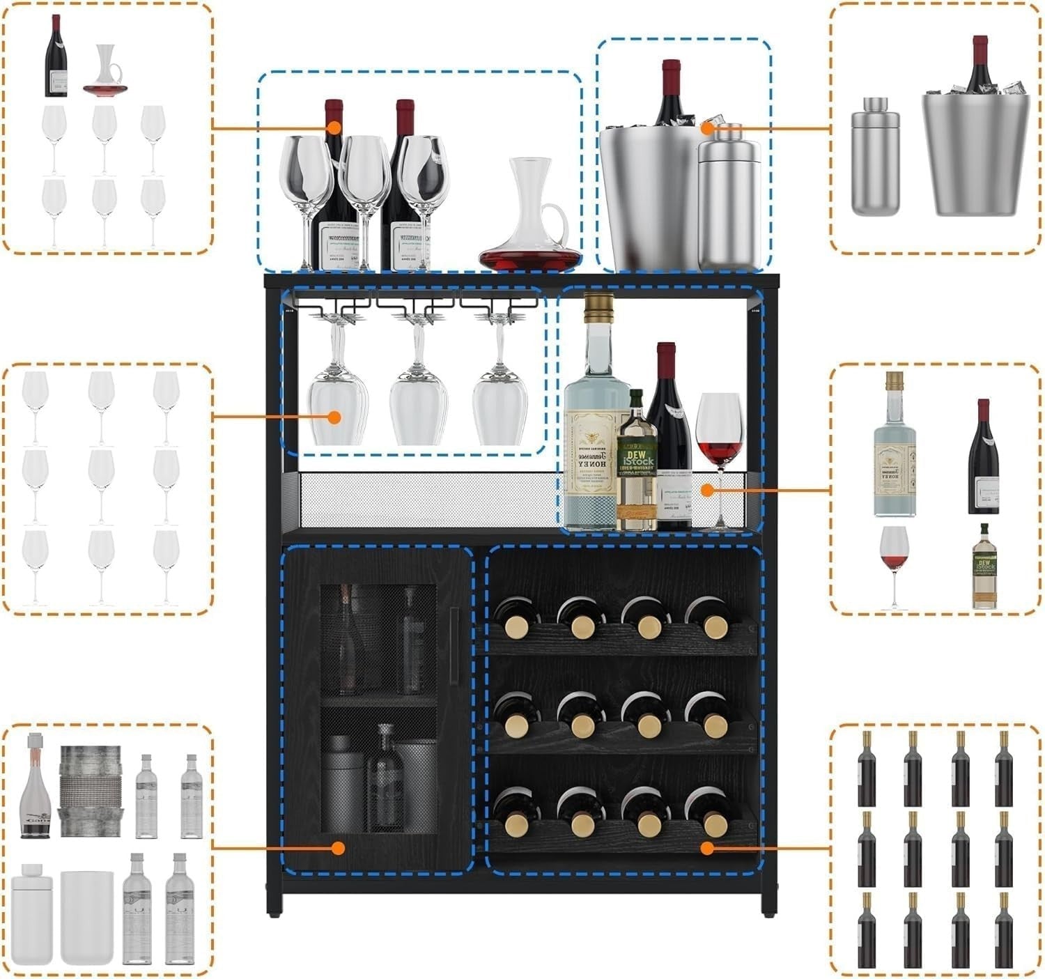 3 Tier Wine Bar Cabinet with Glass Rack & Storage Shelves for Home Kitchen Black