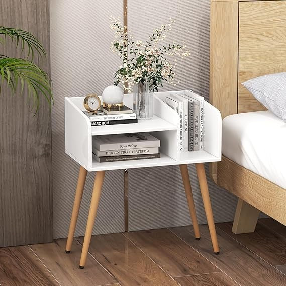 Set of 2 White Wooden Bedside Tables with Shelves & Natural Wood Legs – Modern