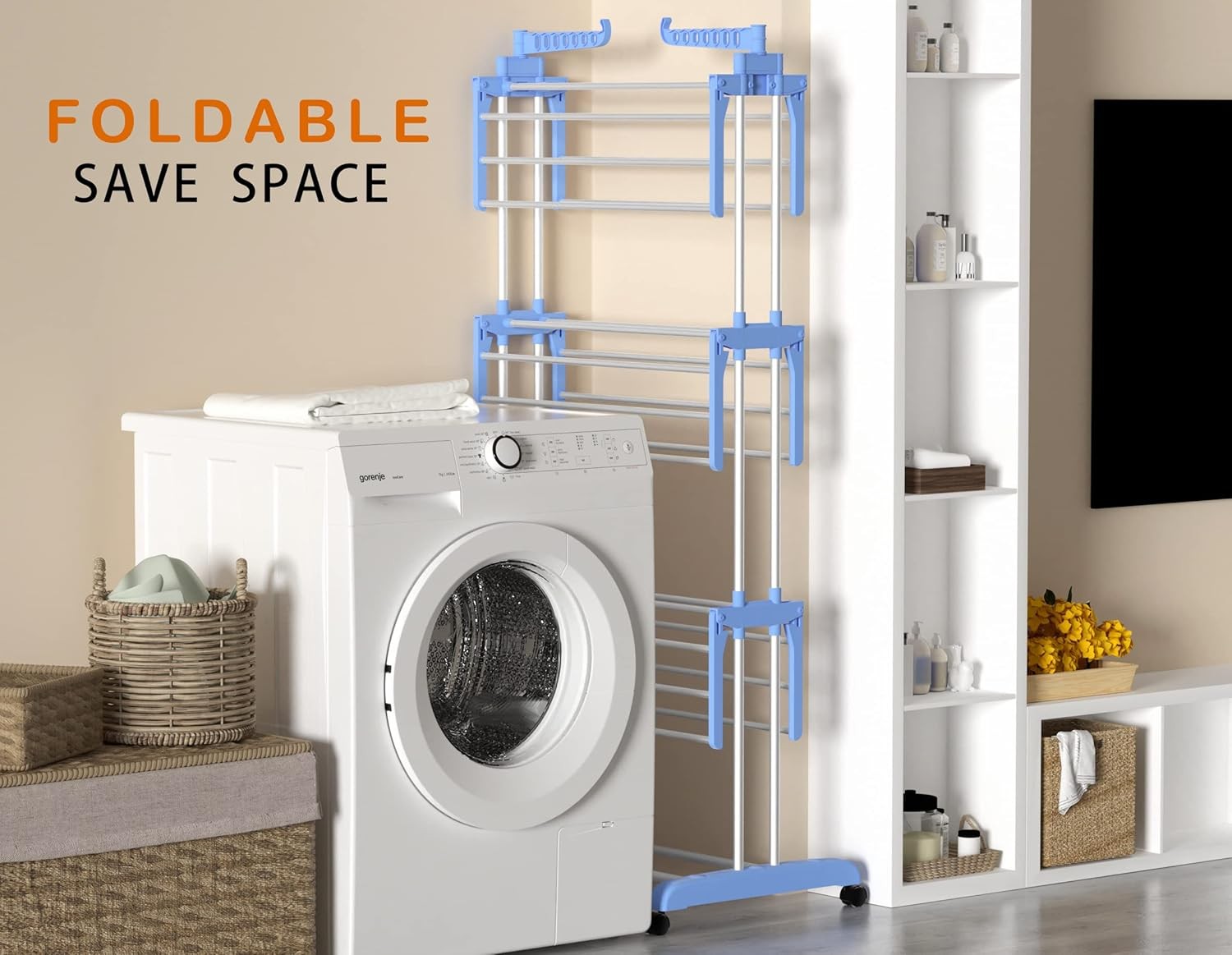 4 Tier Clothes Airer Stainless Steel Foldable Drying Rack with Wheels Blue