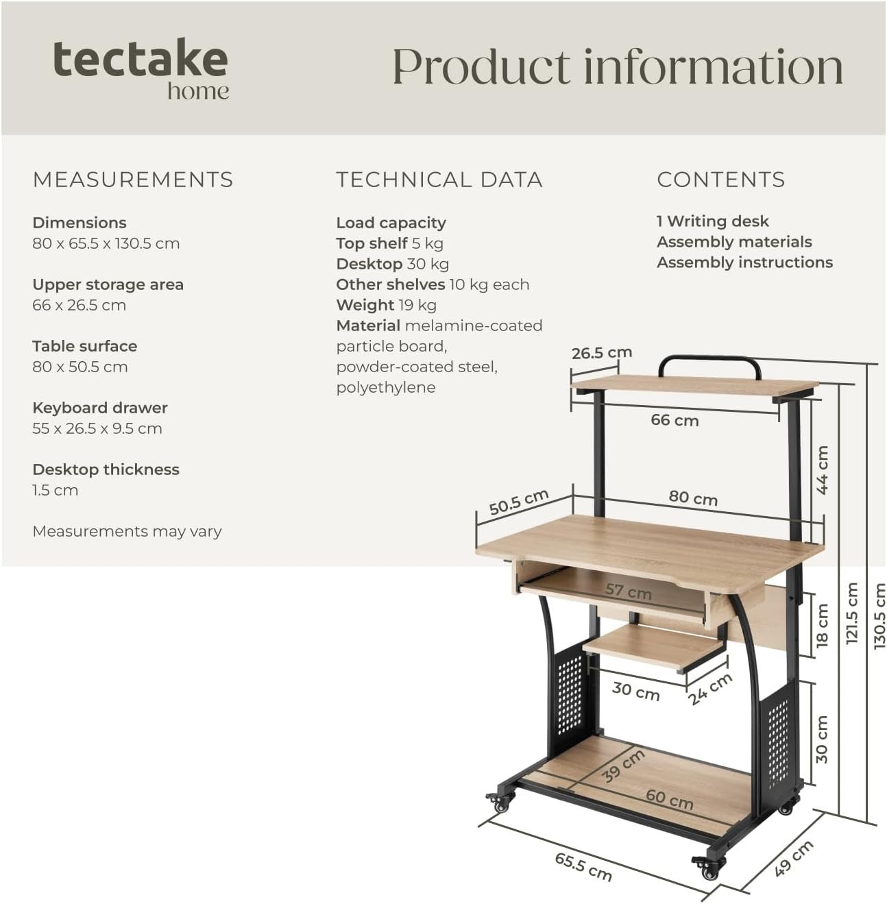 Mobile Computer Desk Light Wood 80cm with Shelves & Keyboard Tray on Wheels