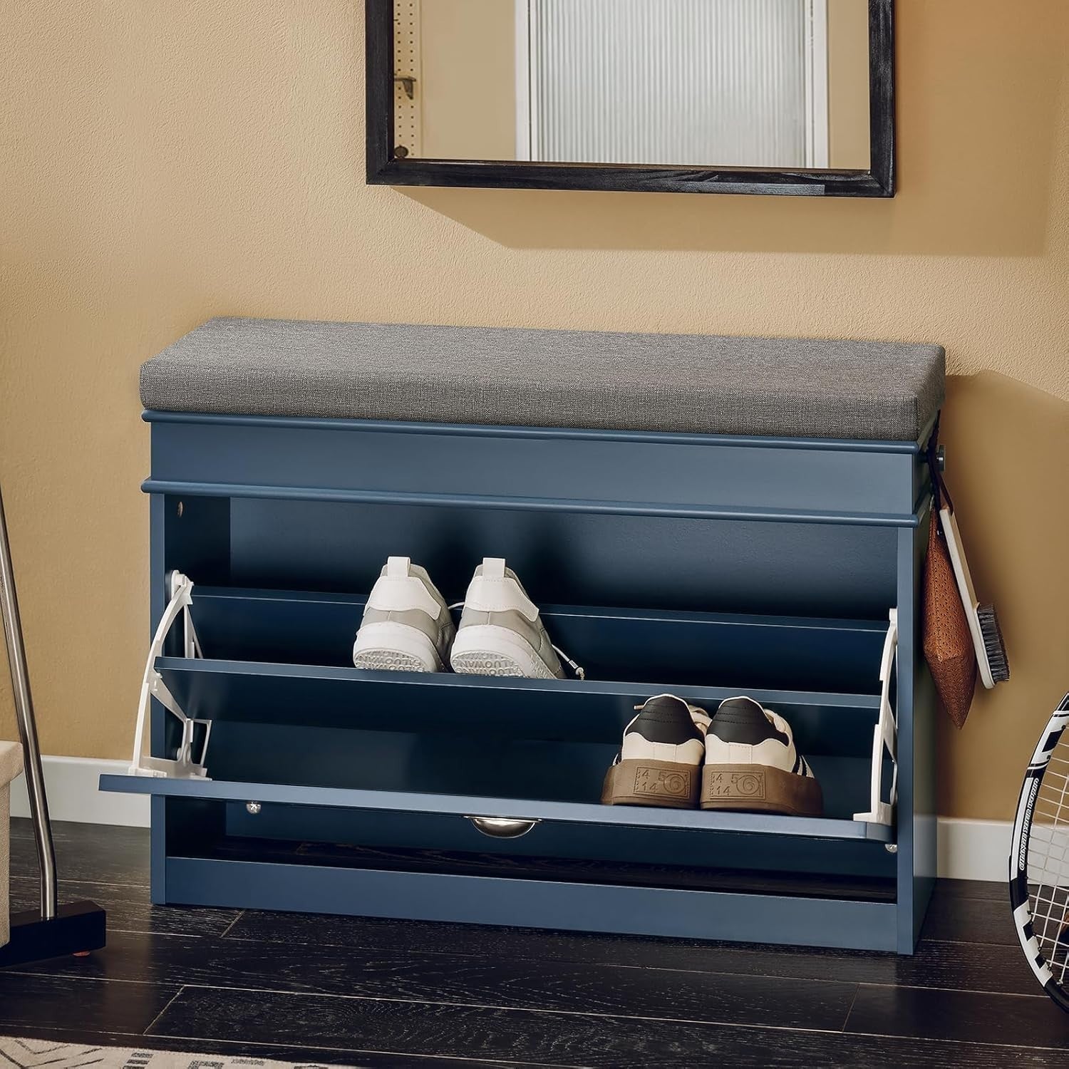 Narrow Shoe Storage Bench with Flip Drawer & Cushion, 150kg Load, Blue