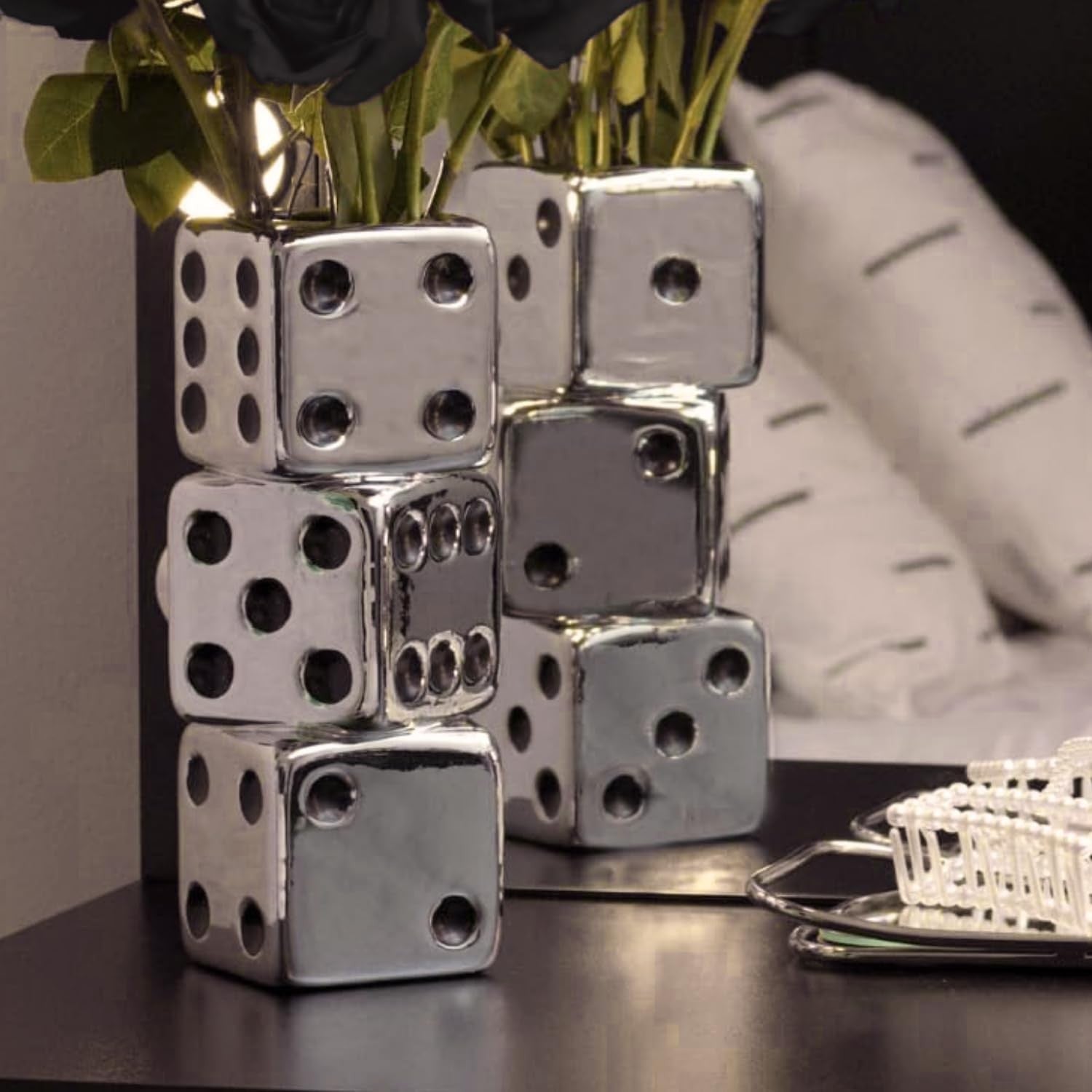 Dice Vase Ceramic Triple Stack Silver Black Dot Modern Table Flower Decor