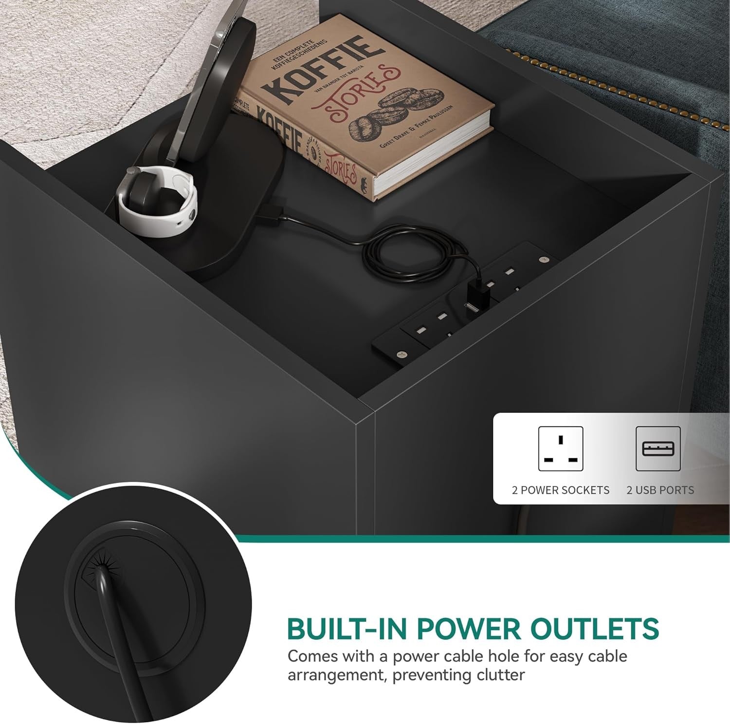 Black Bedside Table with 3 Drawers & Power Station | Modern Nightstand 35×59cm