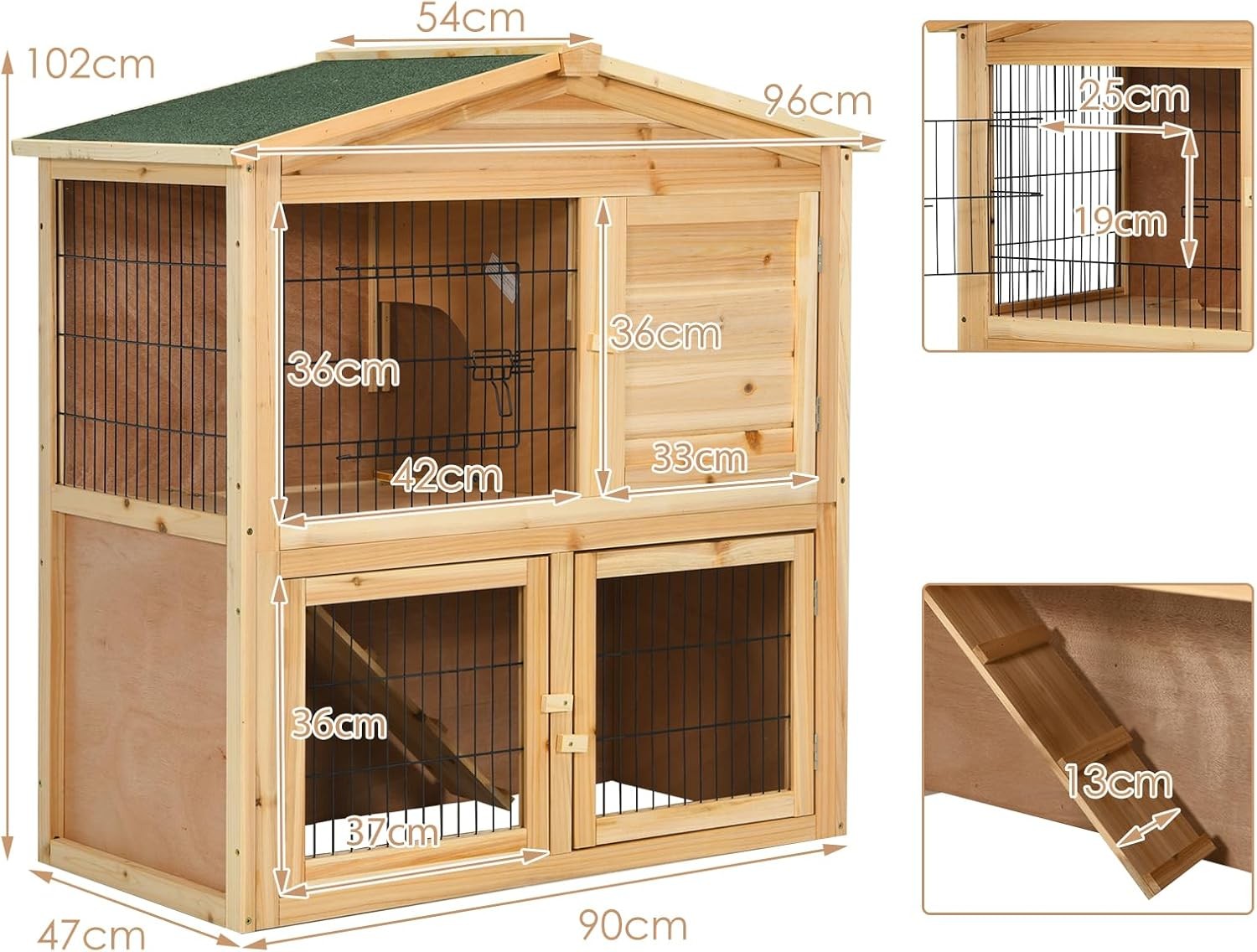 Wooden Rabbit Hutch 2 Storey Indoor Outdoor Pet Cage Ramp Doors