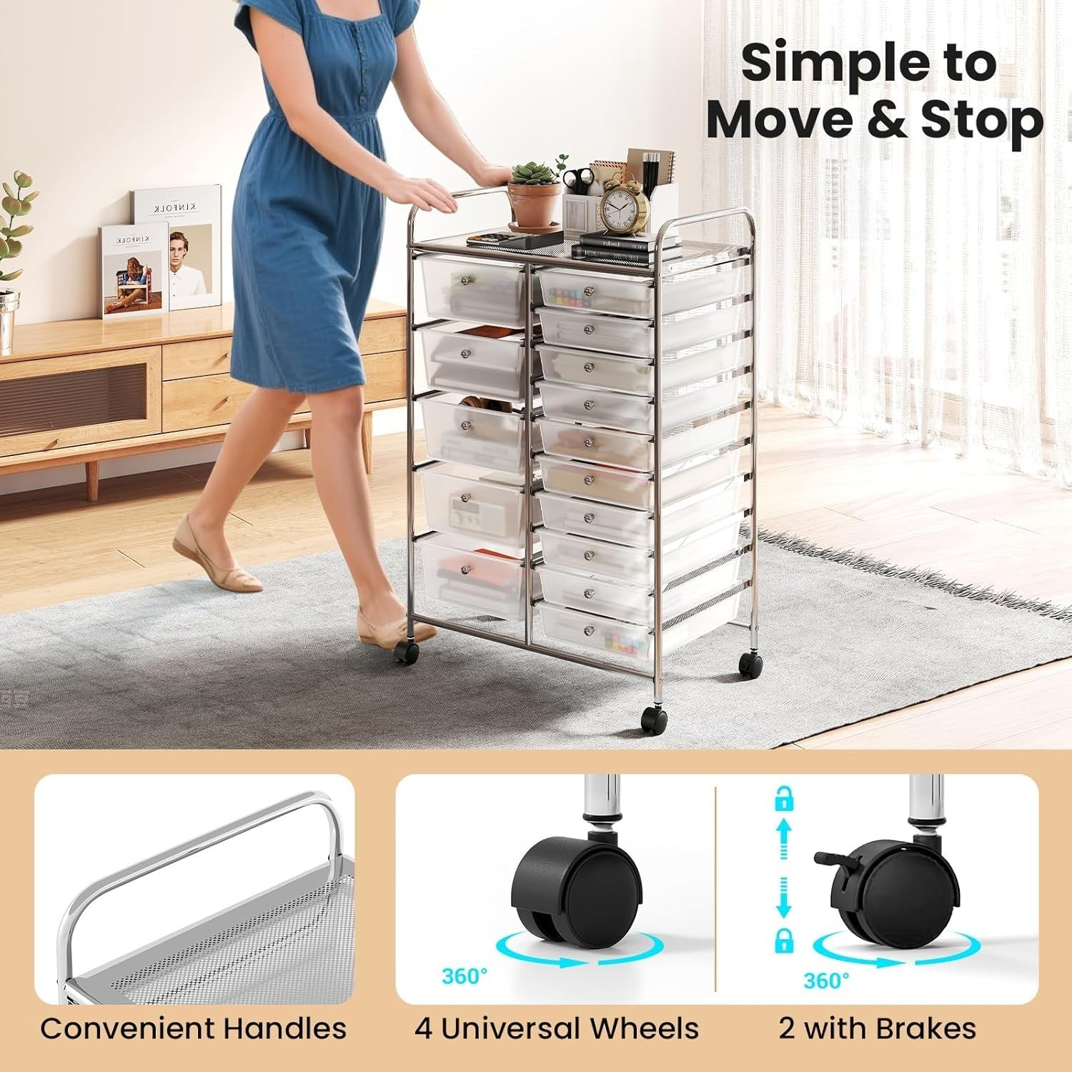15 Drawer Rolling Storage Trolley Clear Mobile Organizer Cart Wheels