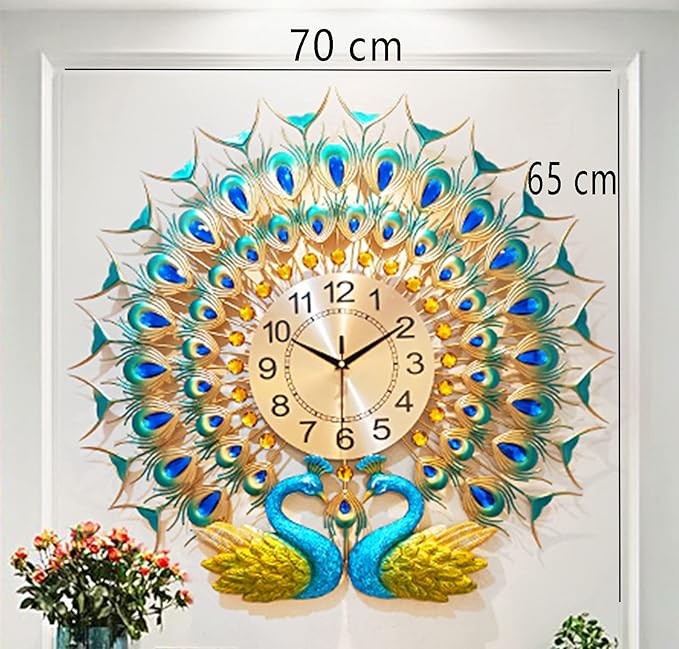 Large Peacock Wall Clock Metal Art 70cm Silent Non-Ticking Luxury Home Decor