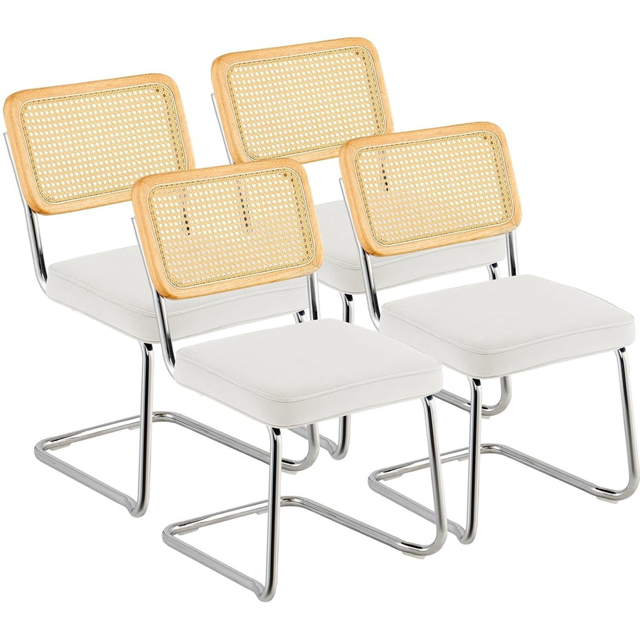 Set of 4 Rattan Dining Chairs Cushioned Modern Kitchen Seating White Upholstery