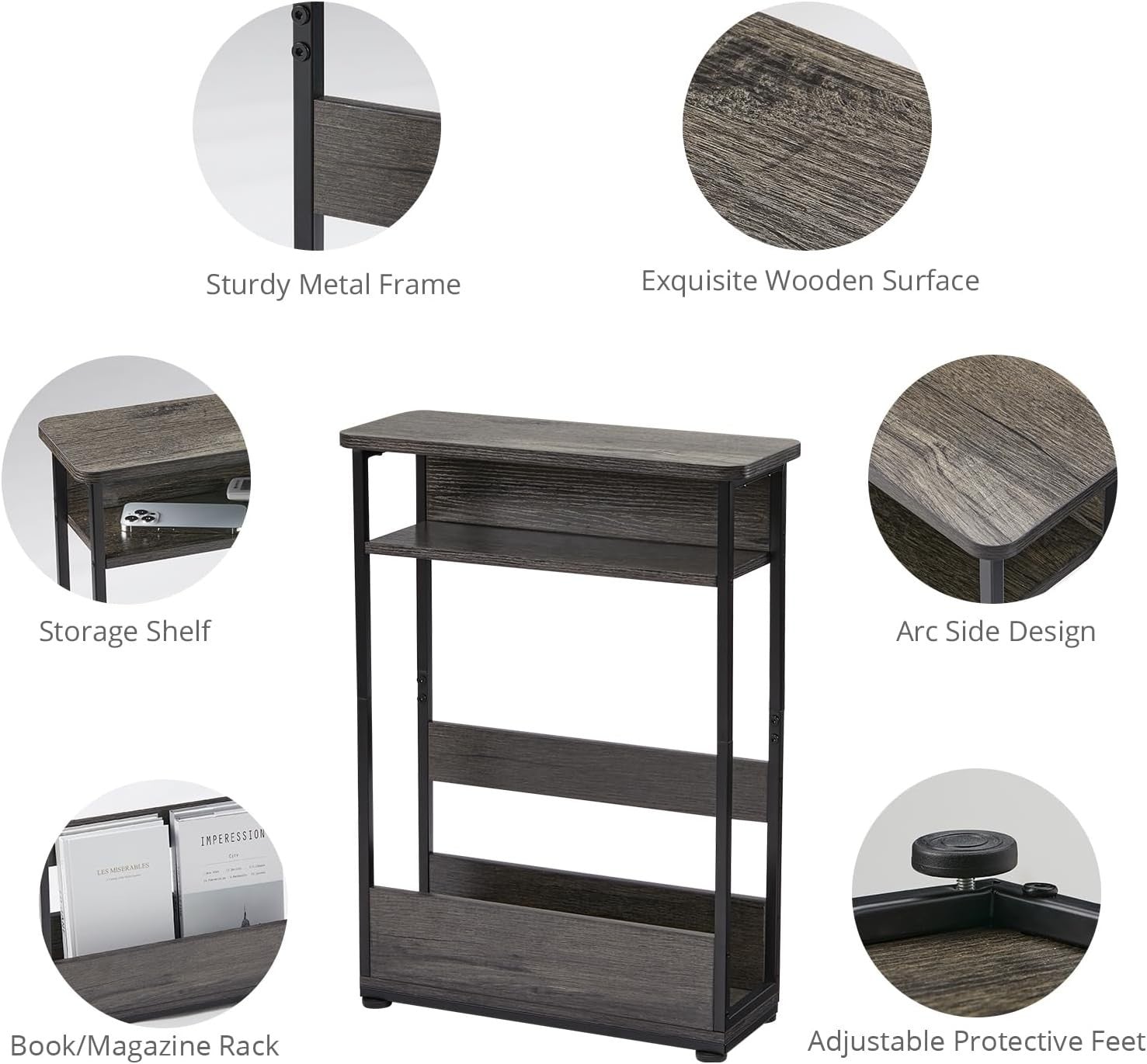Slim Grey Side Table for Small Spaces – 3-Tier Narrow Nightstand Unit