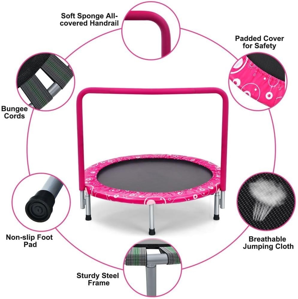 36'' Kids Foldable Trampoline with Foam Handle Quiet Indoor Outdoor – Pink