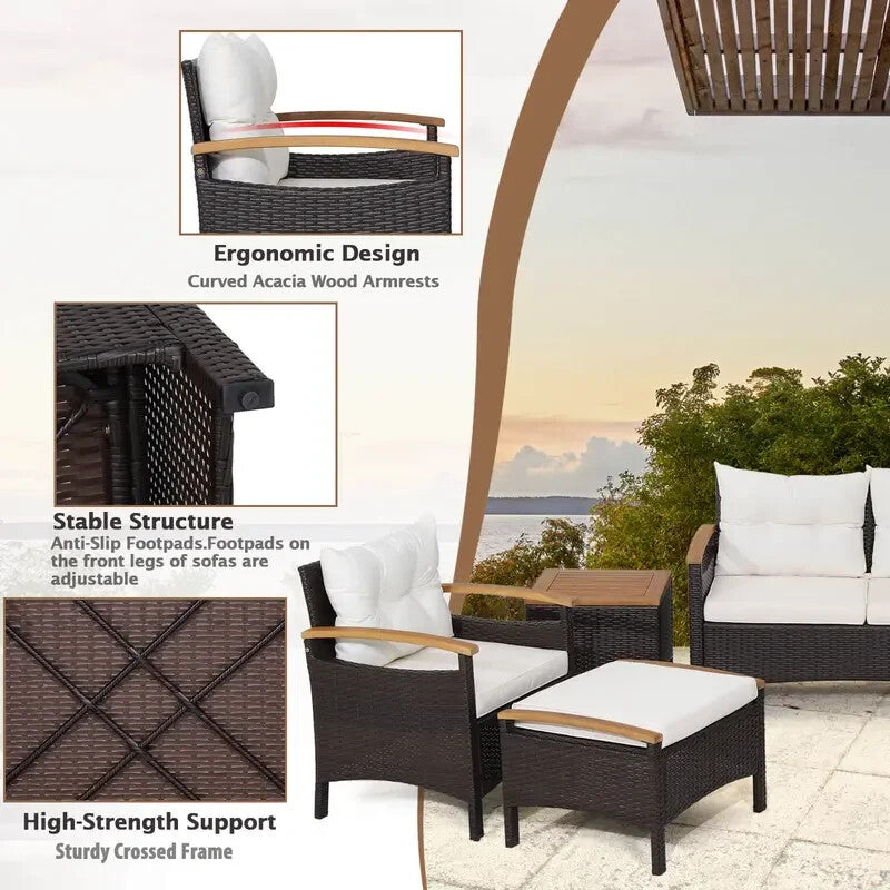 7PC Rattan Garden Patio Sofa Set – Outdoor Chairs Ottomans Table Cushions