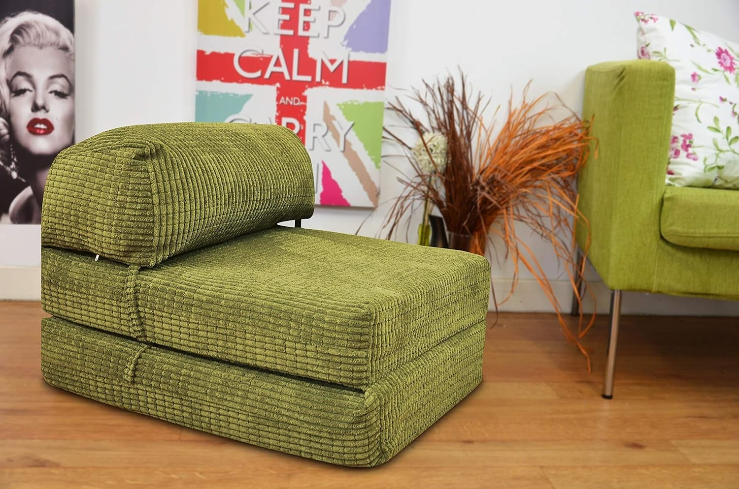 Fold Out Chair Bed Single Futon Mattress Corduroy Sofa Lime Guest Seat