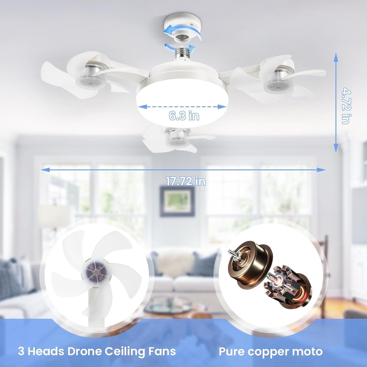 50W Ceiling Fan Light with Remote, 3-Head Drone, Dimmable LED, 3 Speeds