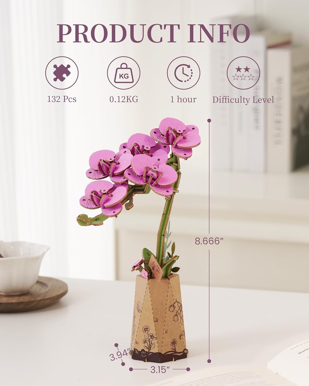 3D Wooden Orchid Flower Puzzle – Adjustable DIY Home Decor Gift