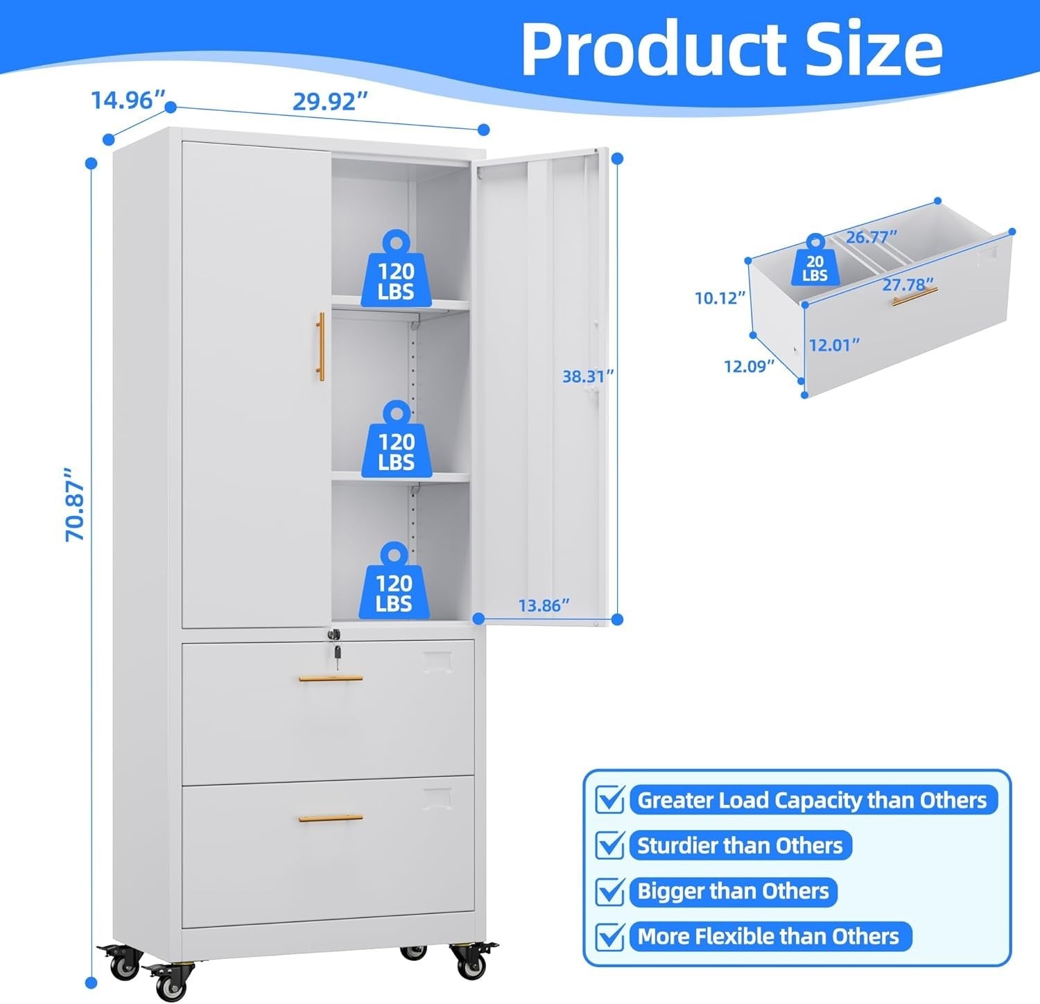 Tall Locking Metal File Cabinet 2 Drawer Rolling Office Storage White