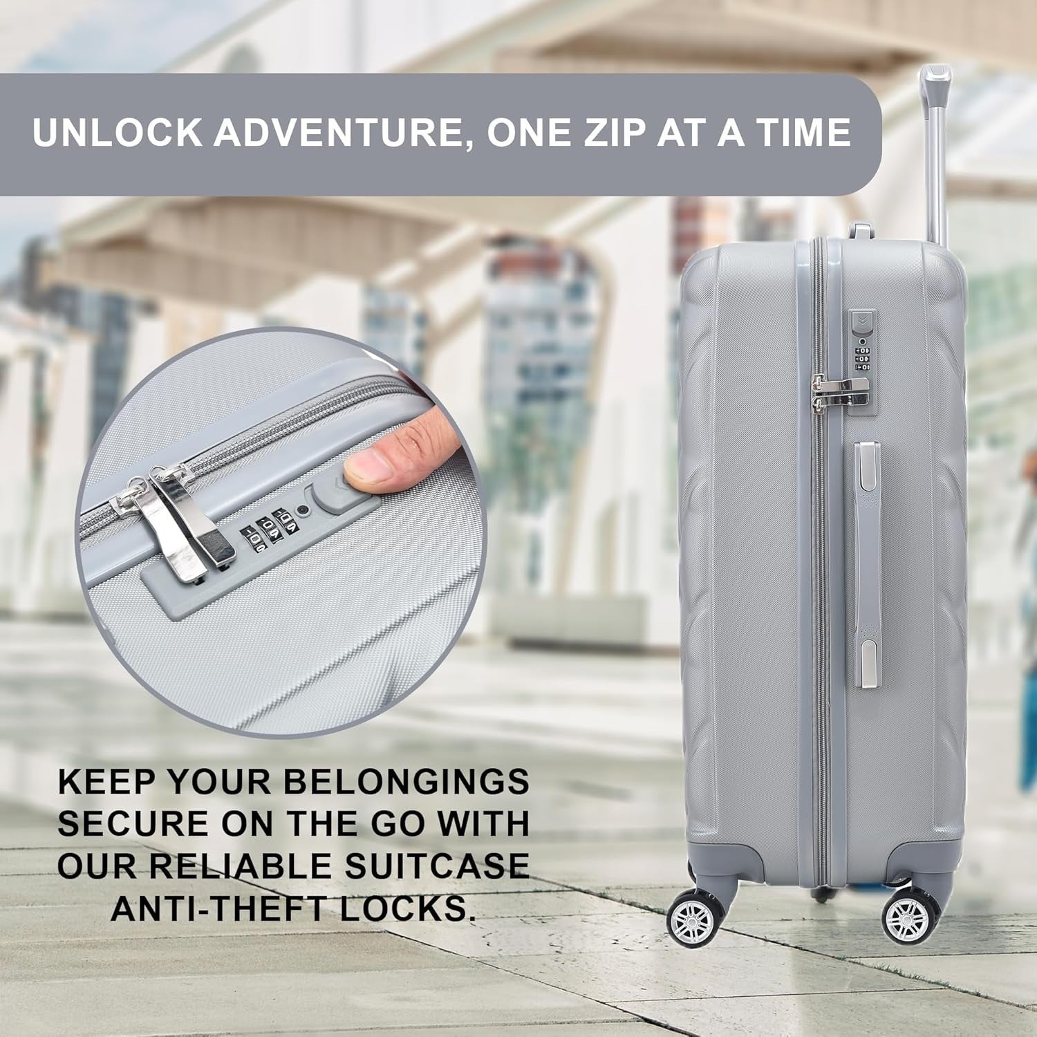 20 Inch Cabin Carry On Hard Shell Suitcase 4 Dual Spinner Wheels Lock Silver
