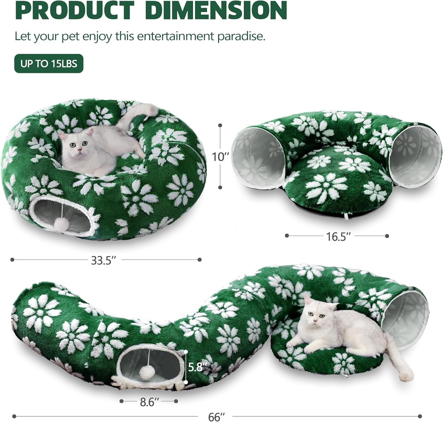 Cat Donut Tunnel Bed Peekaboo Cave w Cushion & Hanging Ball Green