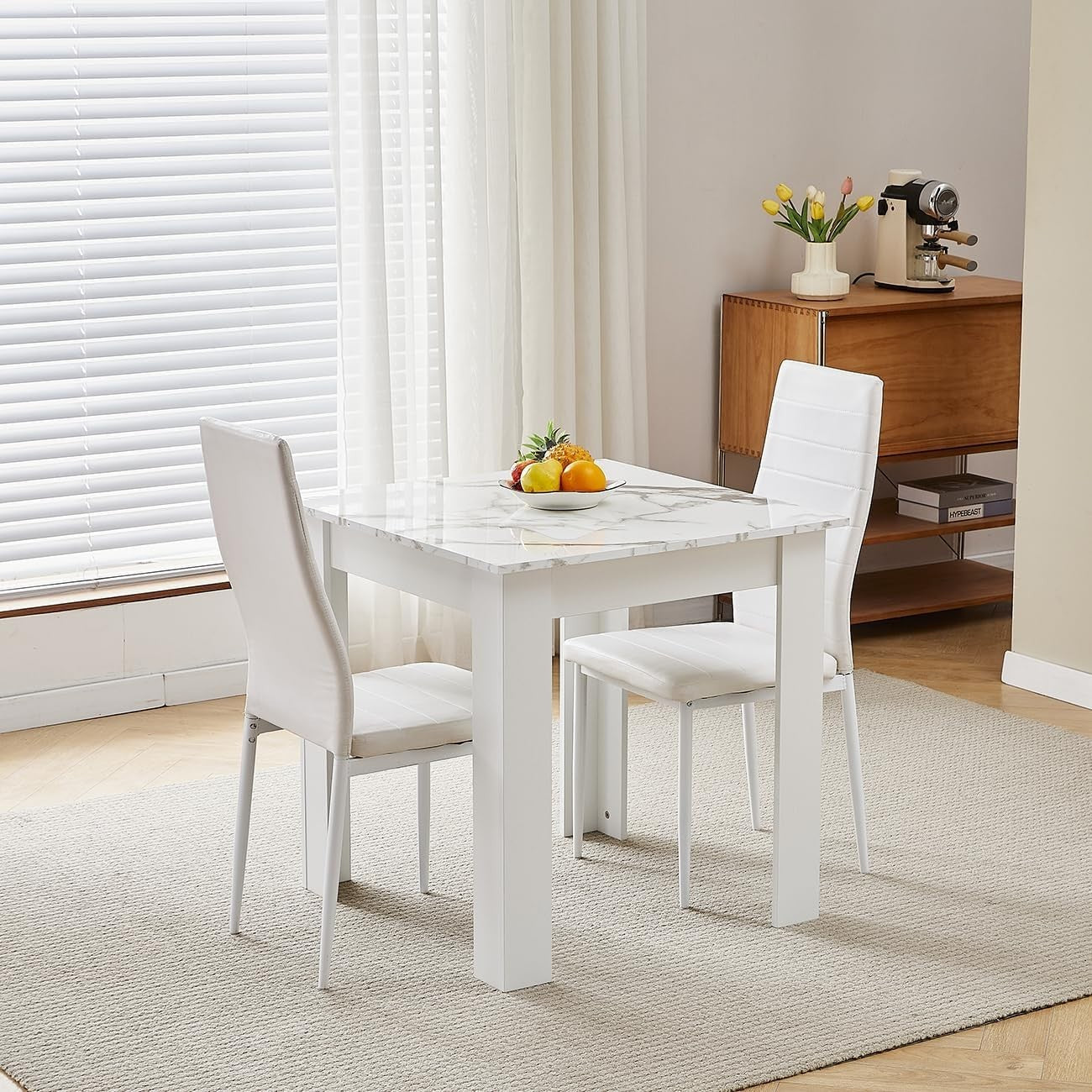3 Piece Marble Dining Table Set with 2 White PU Chairs for Small Spaces
