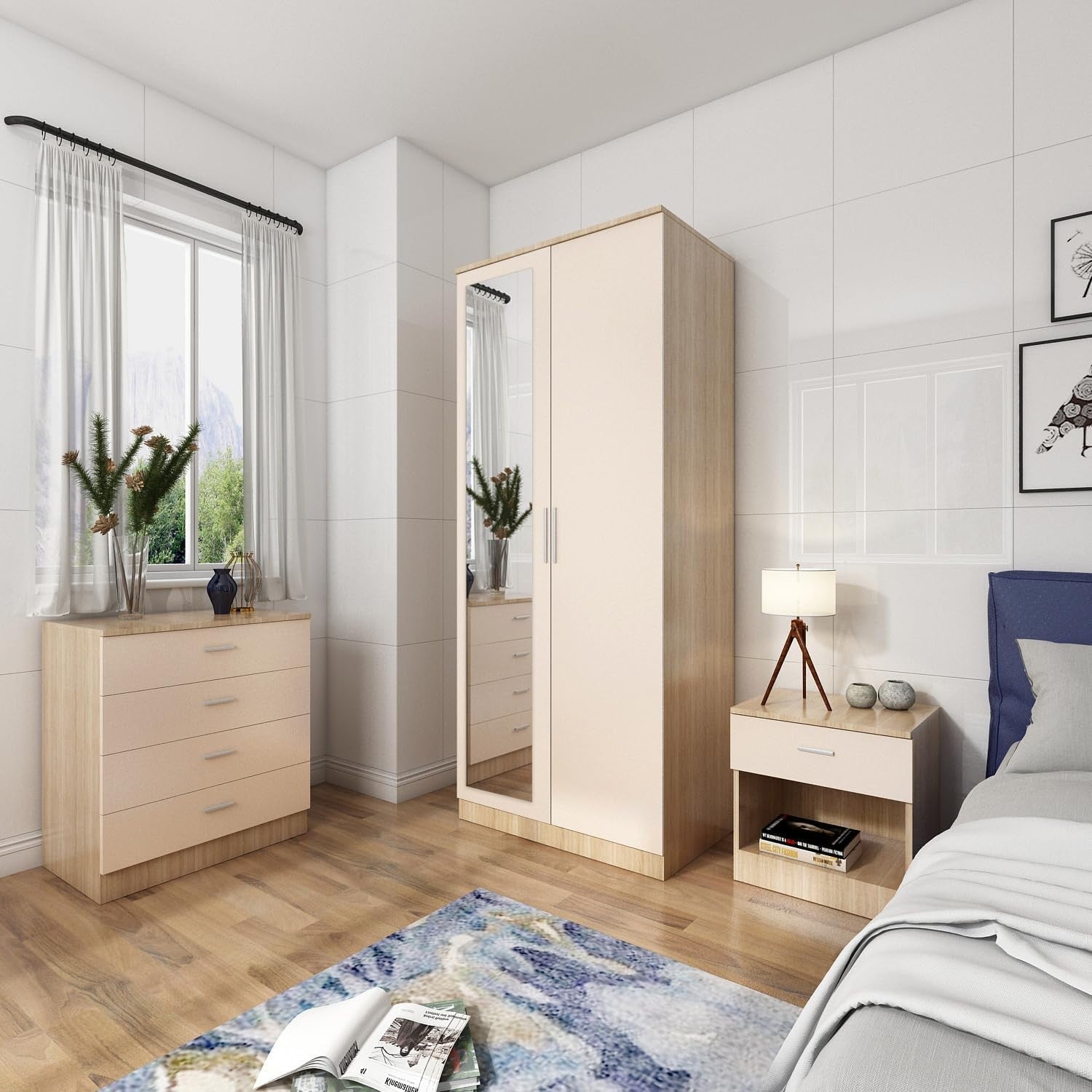 Cream Oak 2 Door Wardrobe with Mirror Soft Close High Gloss Storage 178cm