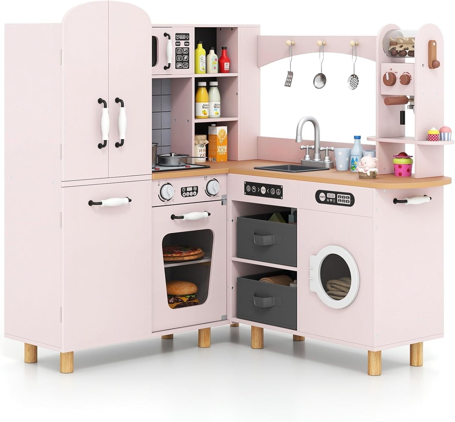 Corner Kids Play Kitchen Pink w/ Fridge Washer Coffee Maker Set