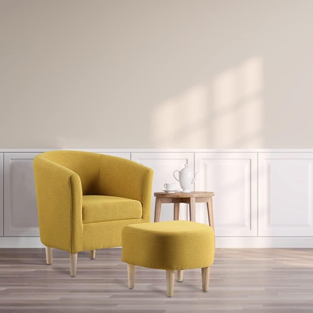 Accent Armchair & Ottoman Set Yellow Fabric Tub Chair