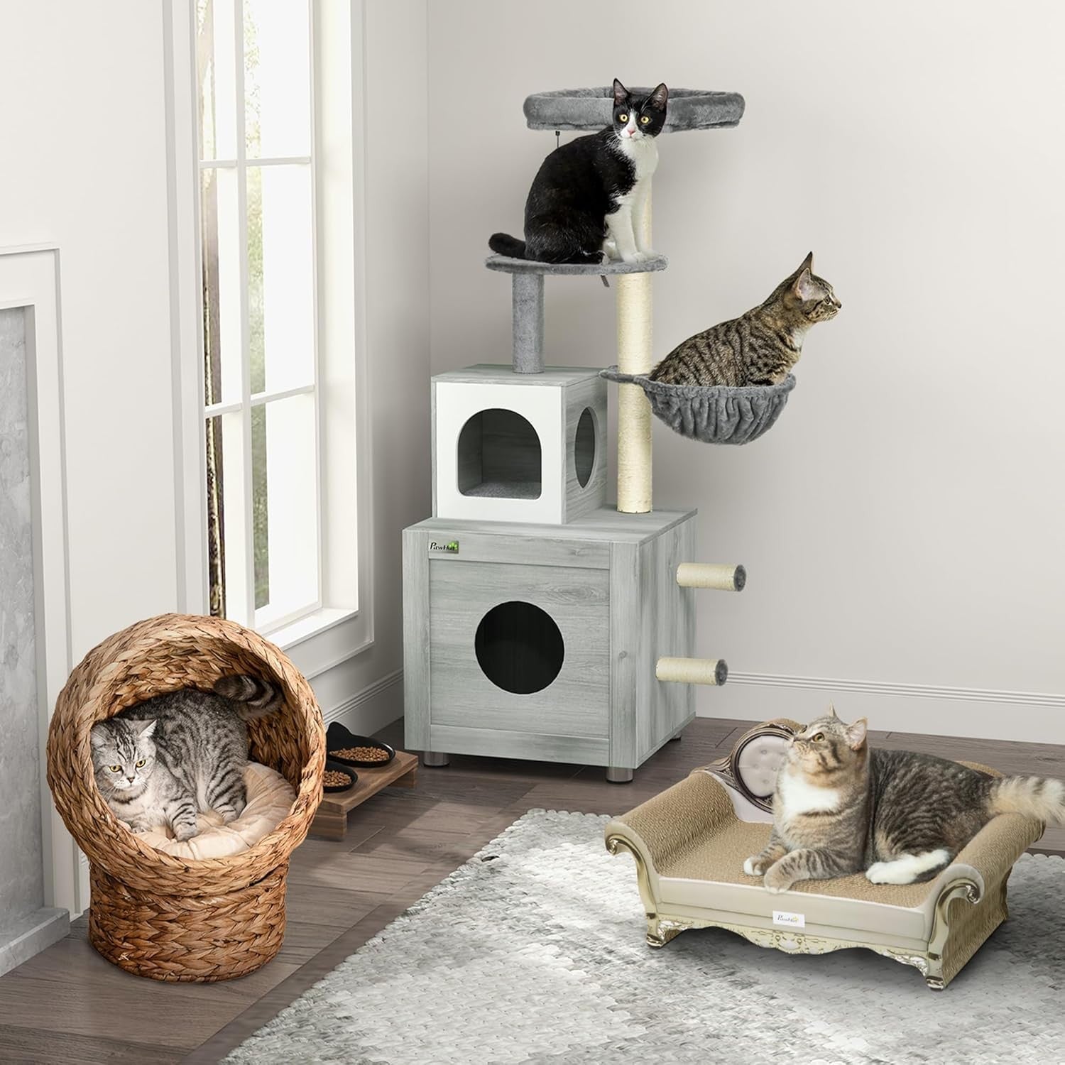 Cat Litter Box Enclosure with Cat Tree Scratching Posts Platform Condo