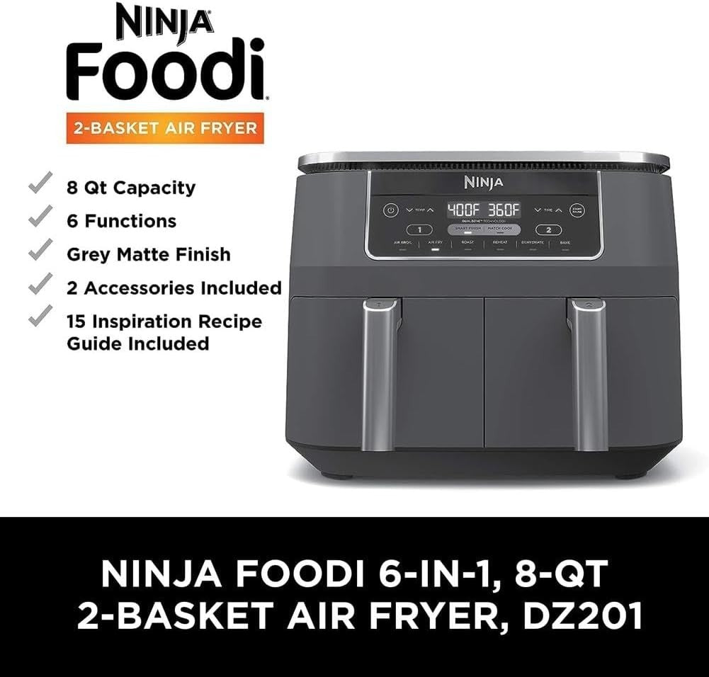 8-Qt Dual Basket Air Fryer | 6-in-1 Smart Finish Cooker | Family Size XL Crisp