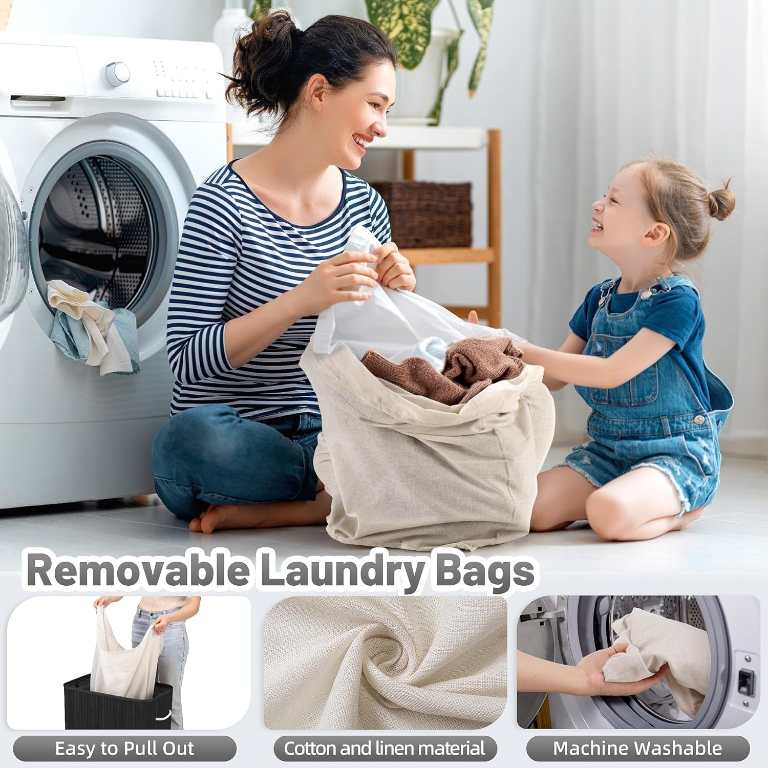 150L Bamboo Laundry Hamper with Lid 3-Section Foldable Clothes Basket Black