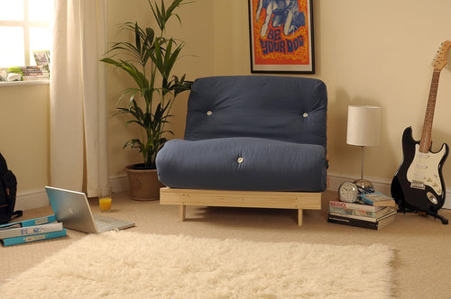 Small Single Wooden Futon Sofa Bed 2ft6 Tufted Cotton Navy Mattress