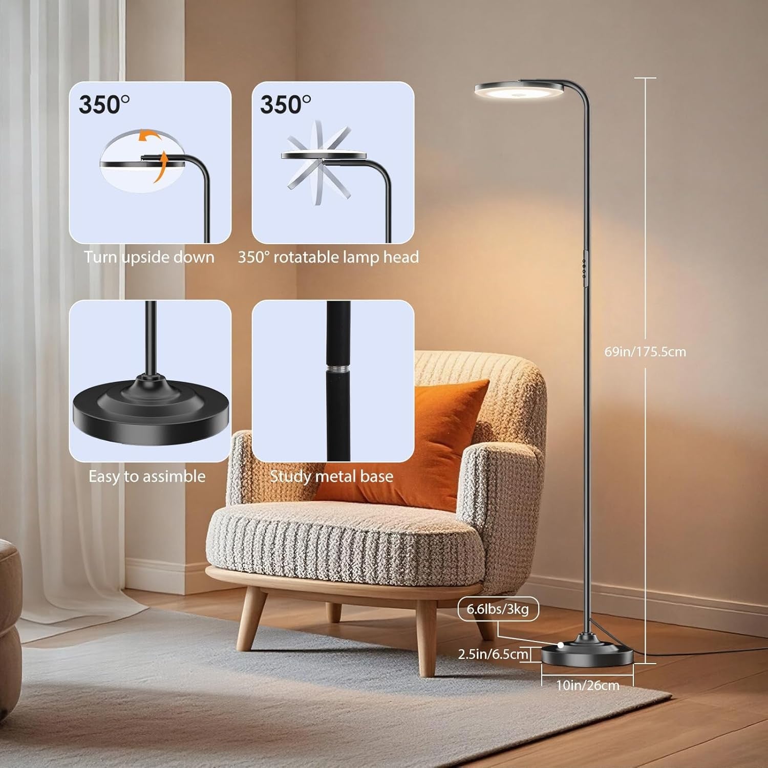 36W LED Floor Lamp Remote Dimmable 350° Rotating Reading Standing Light