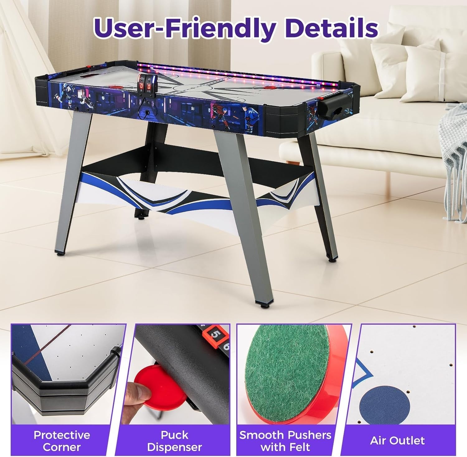 54 Inch Air Hockey Table LED Lights 12V Motor Arcade Game Indoor