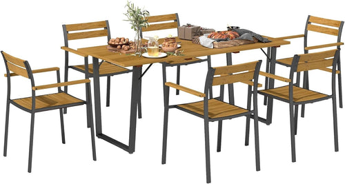 7 Piece Garden Dining Set Wooden Patio Table & 6 Chairs Parasol Hole