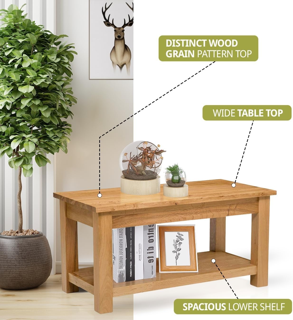 Large Solid Oak Coffee Table with Storage Shelf 90x45x45cm Durable Design