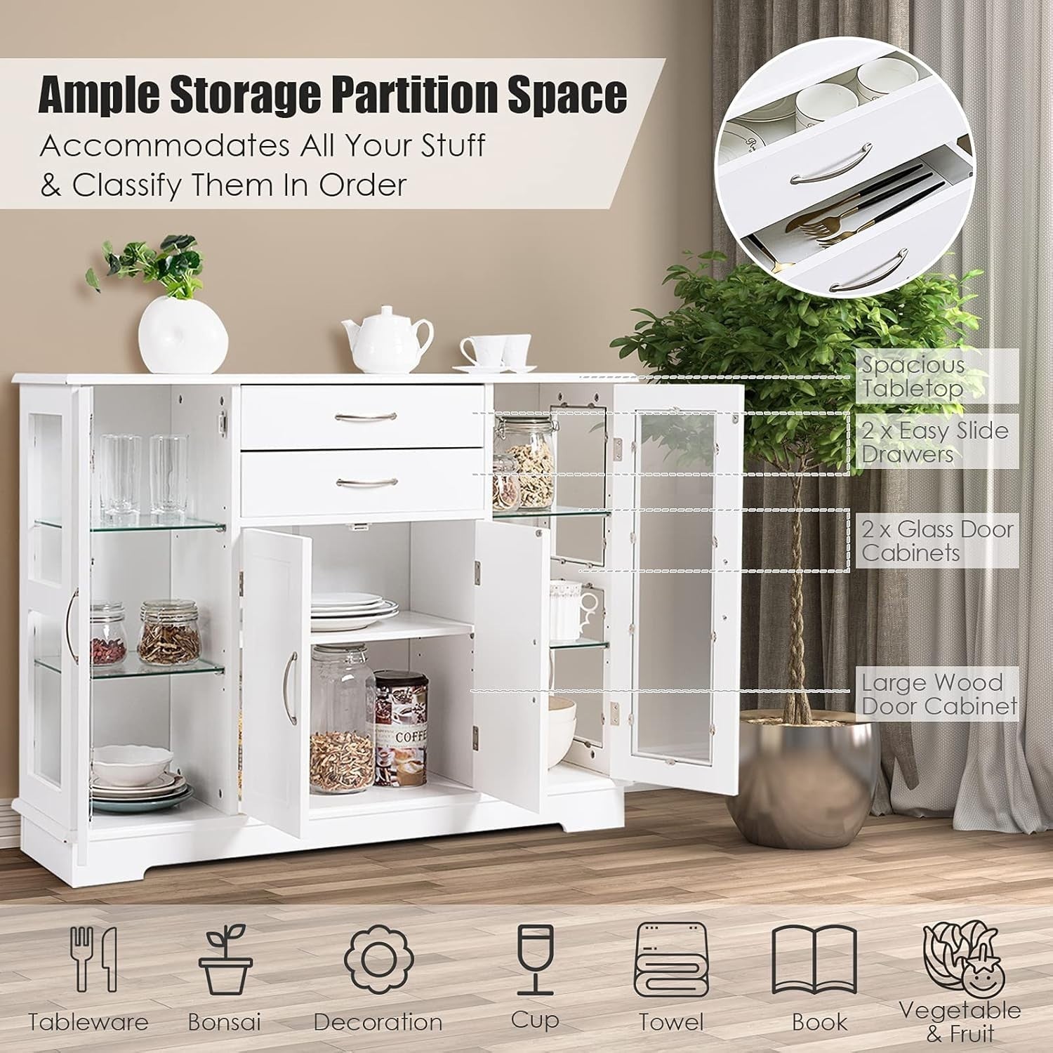 White  Sideboard Buffet Cabinet Glass Doors Storage Unit with Drawers