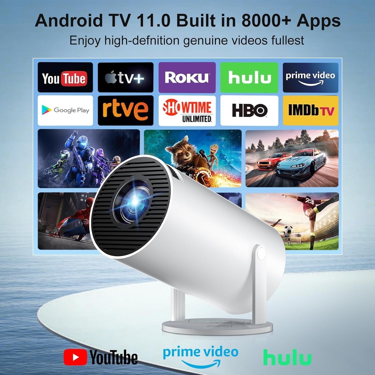 Smart Mini Projector WiFi 6 Bluetooth 4K Support Auto Keystone 300"