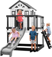 Elevated Cedar Kids Playhouse with Slide Outdoor Garden Toy Kitchen