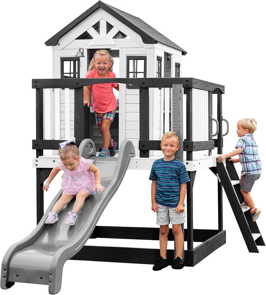 Elevated Cedar Kids Playhouse with Slide Outdoor Garden Toy Kitchen