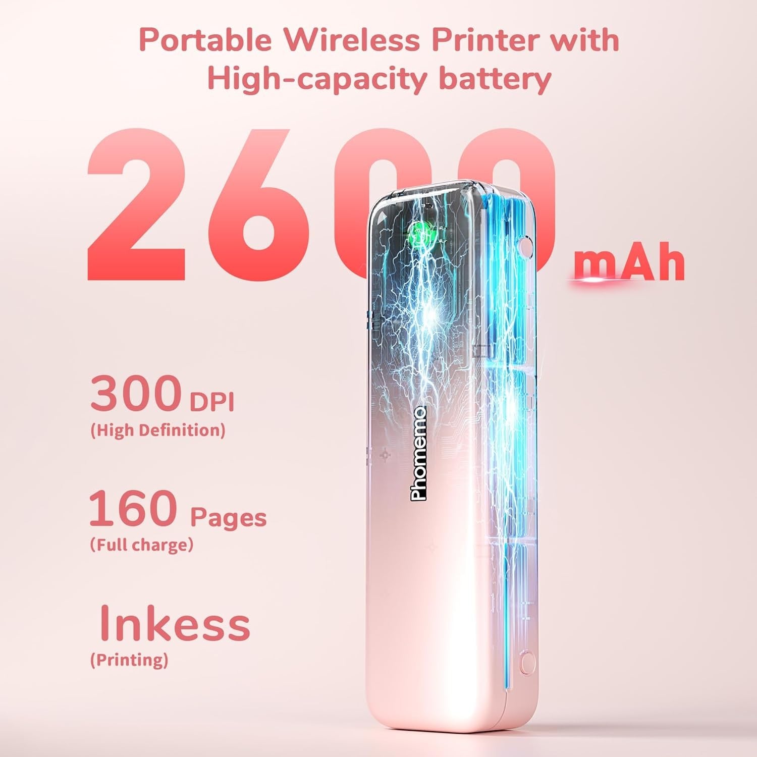 Portable A4 Thermal Printer Bluetooth Inkless 4 Rolls Pink