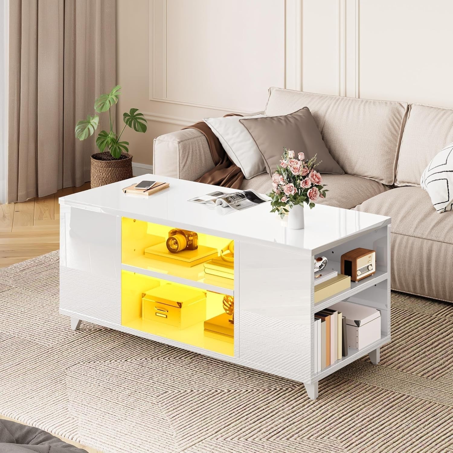 White High Gloss LED Coffee Table with Adjustable Storage, 97.5x48cm