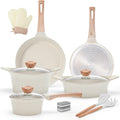 10Pcs Beige Non Stick Cookware Set with Lids Heat-Resistant Handles
