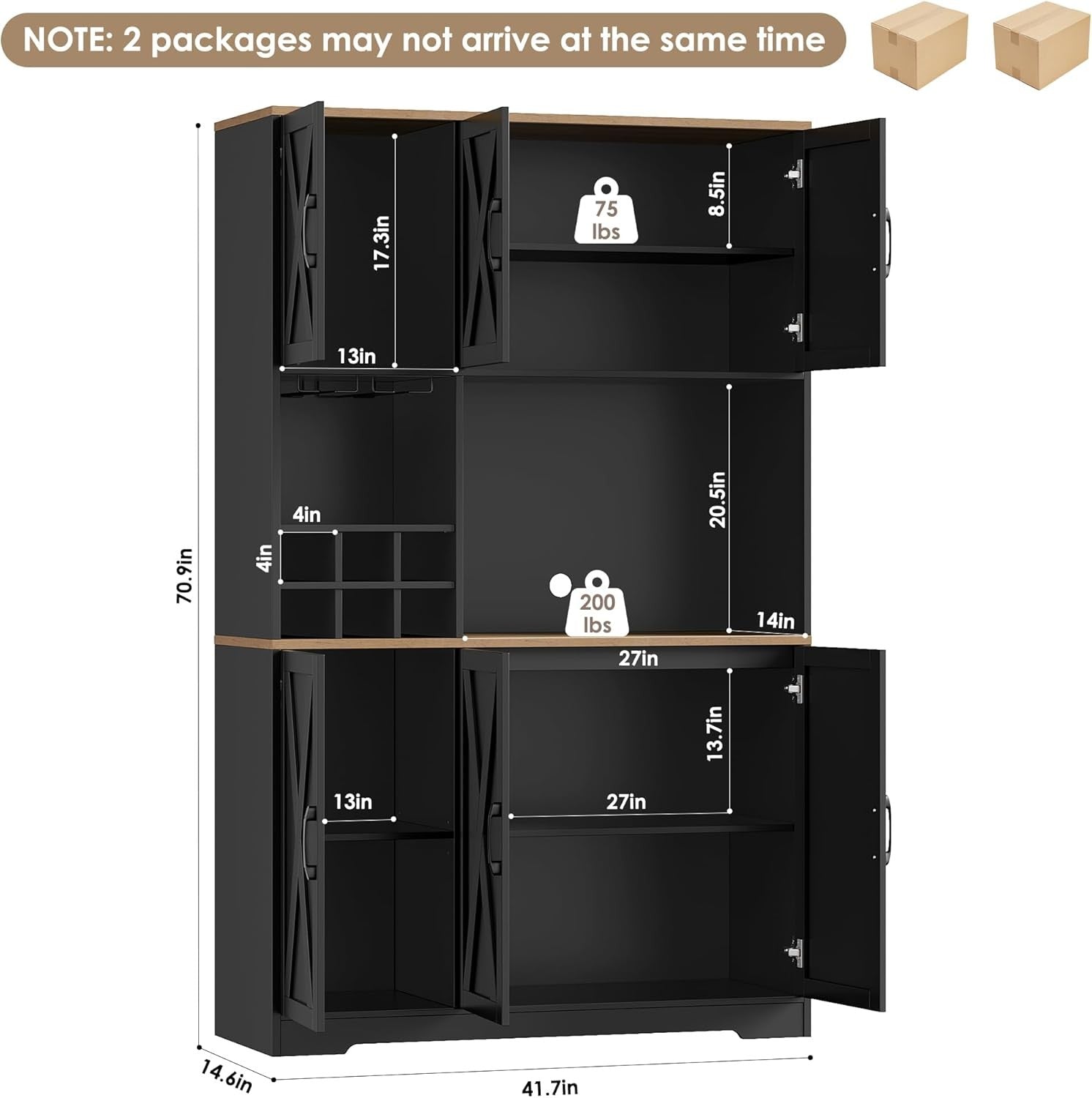 Tall Black Kitchen Cupboard with Wine Rack & Microwave Stand Storage Unit