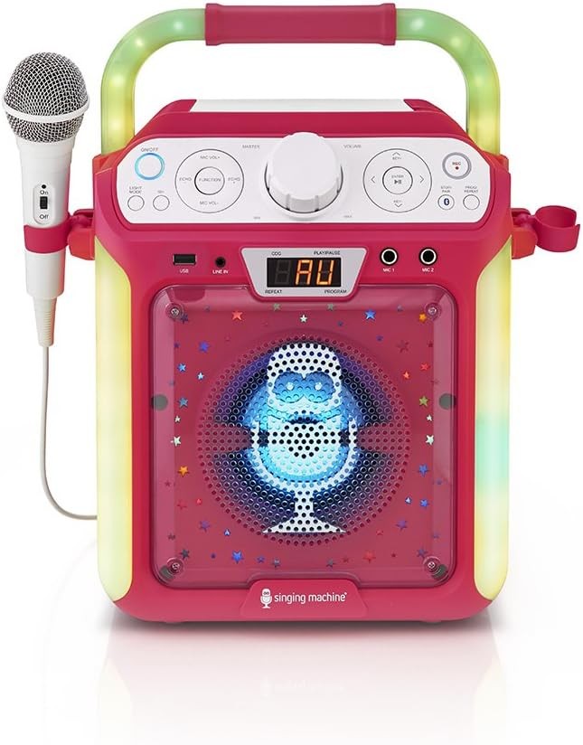 Bluetooth CD Karaoke Machine LED Lights Mic Party Speaker Pink