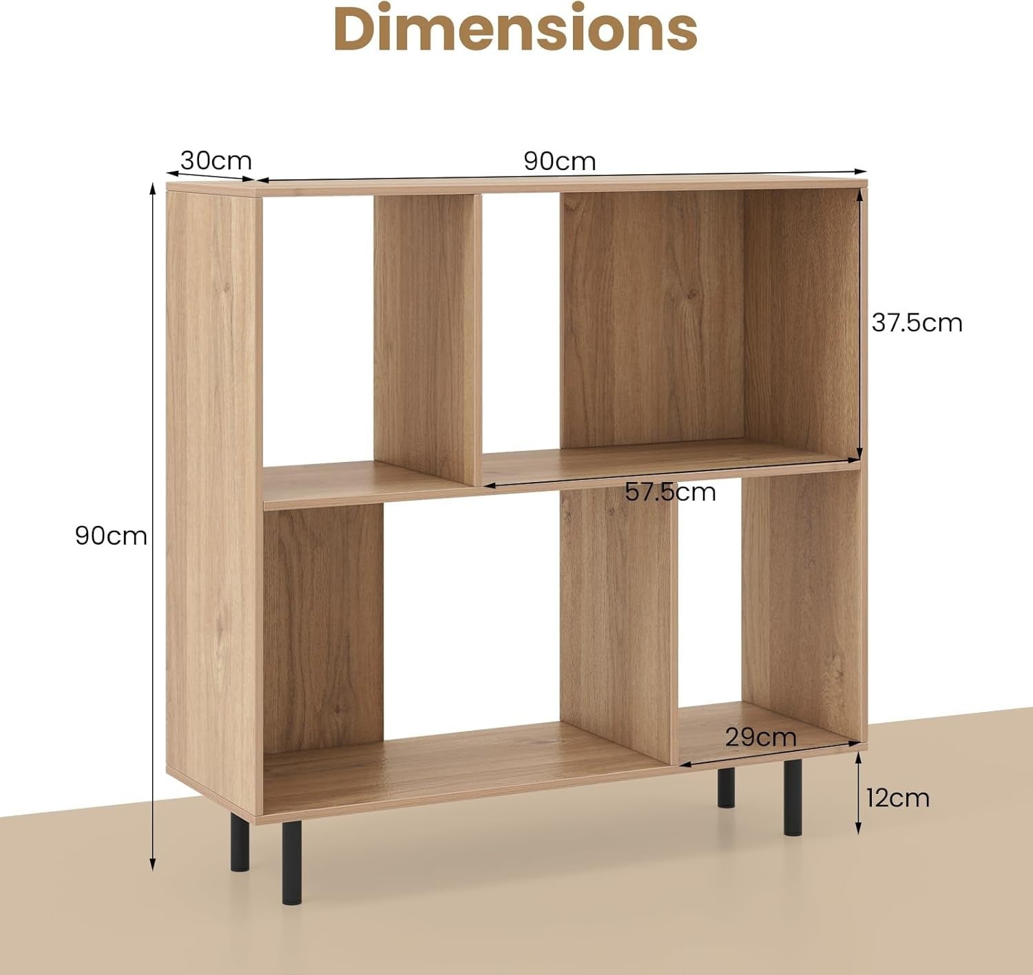 4-Cube Storage Bookcase Wooden Shelves Metal Legs Minimalist 90x30x90cm