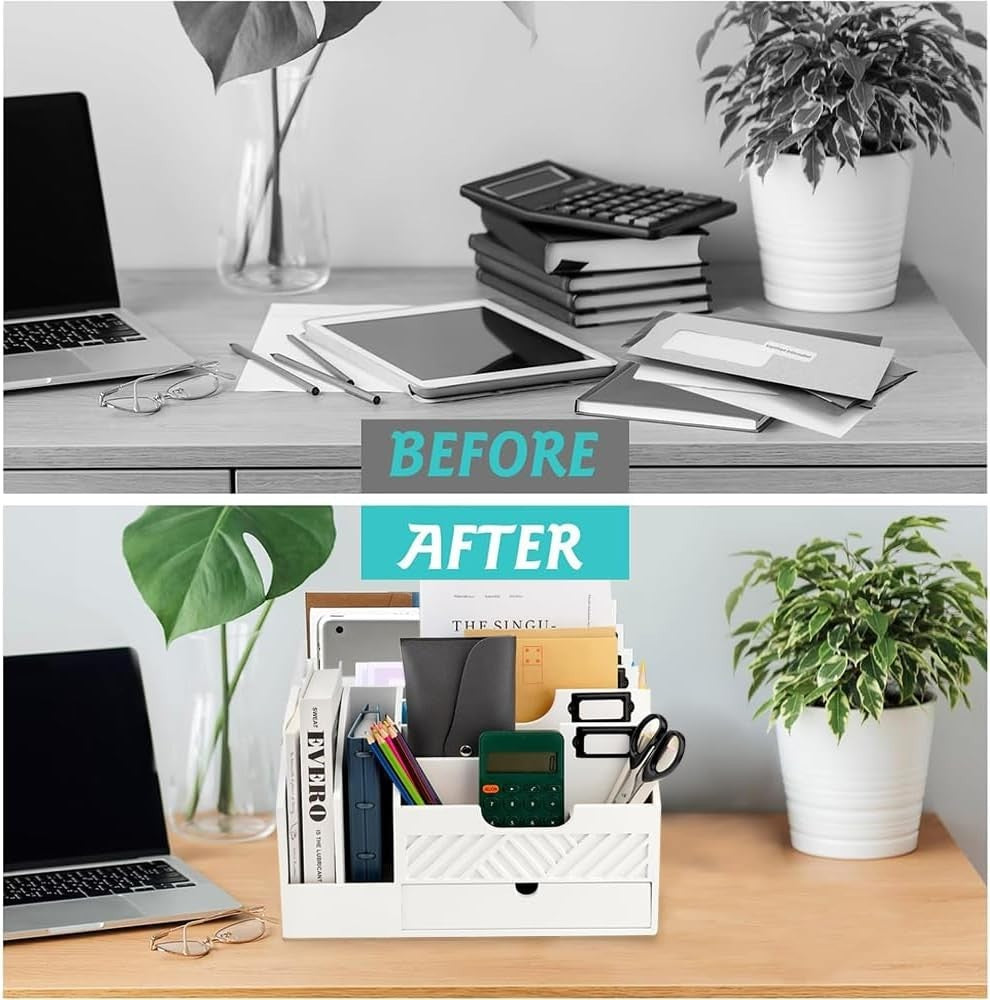 Wooden Desk Organizer Mail Sorter with Drawer & Storage for Office Home